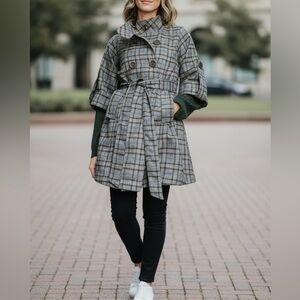 Y2K Hazel Plaid Double-Breasted Coat Women’s Small Boxy Sleeves Belted Mock Neck